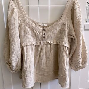 Tan Smocked 3/4 Sleeve Blouse